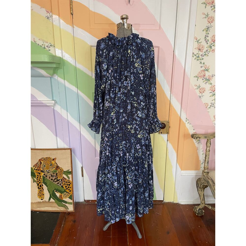 Free People Floral Boho Tiered Midi Dress Ruffle Neck Navy XS